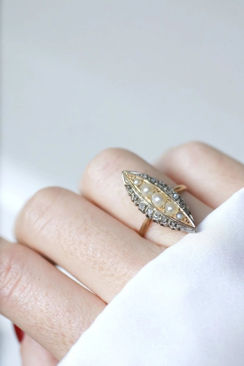 Bague marquise perles et diamants - Castafiore