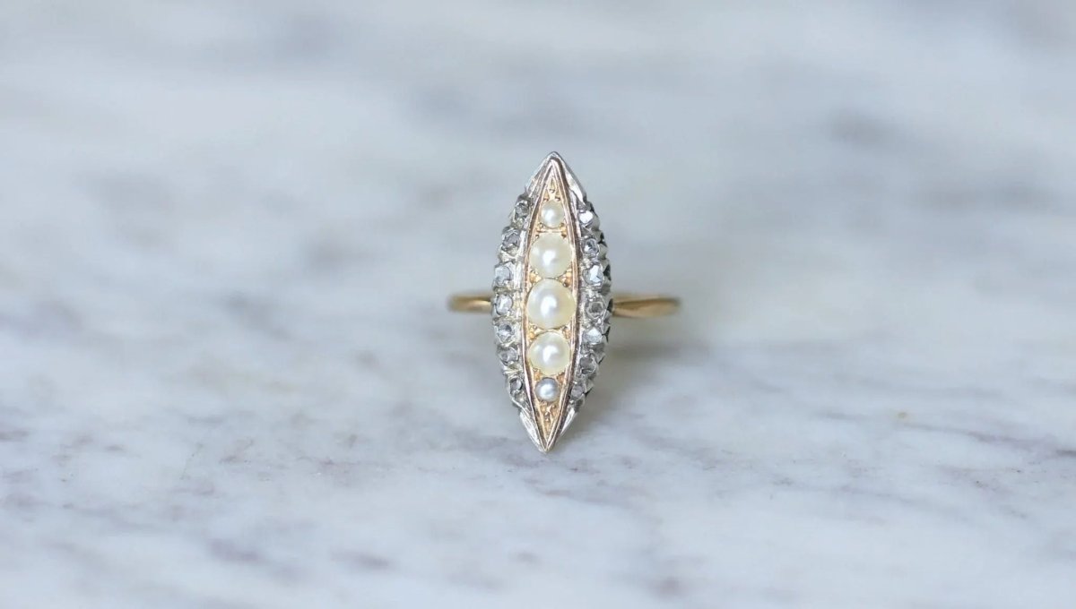 Bague marquise perles et diamants - Castafiore