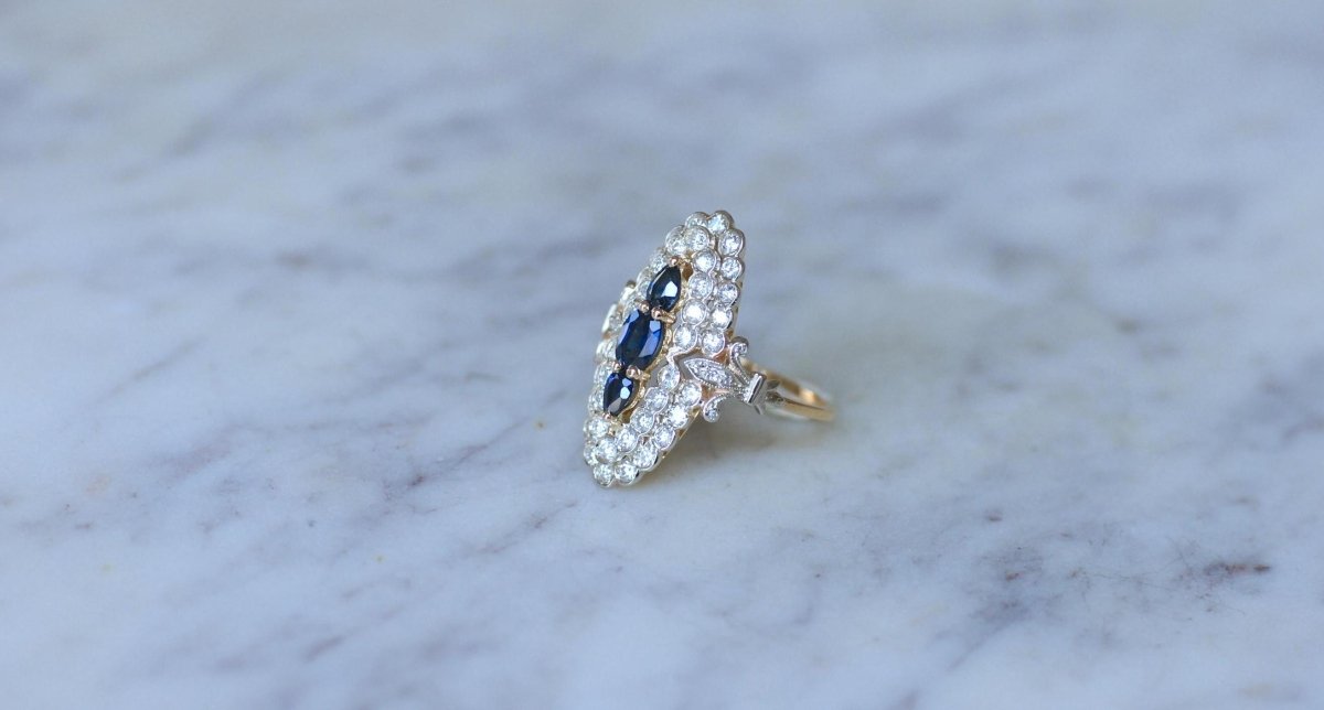 Bague Marquise Saphirs et Diamants Or Jaune - Castafiore