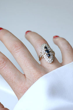 Bague Marquise Saphirs et Diamants Or Jaune - Castafiore