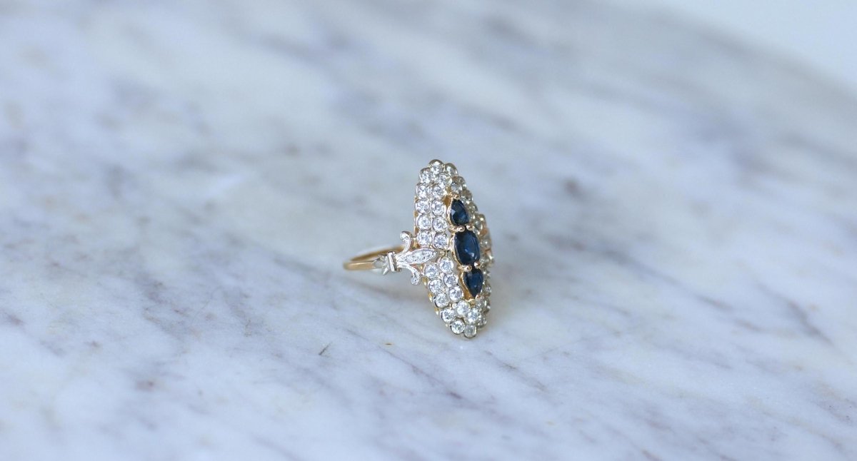 Bague Marquise Saphirs et Diamants Or Jaune - Castafiore