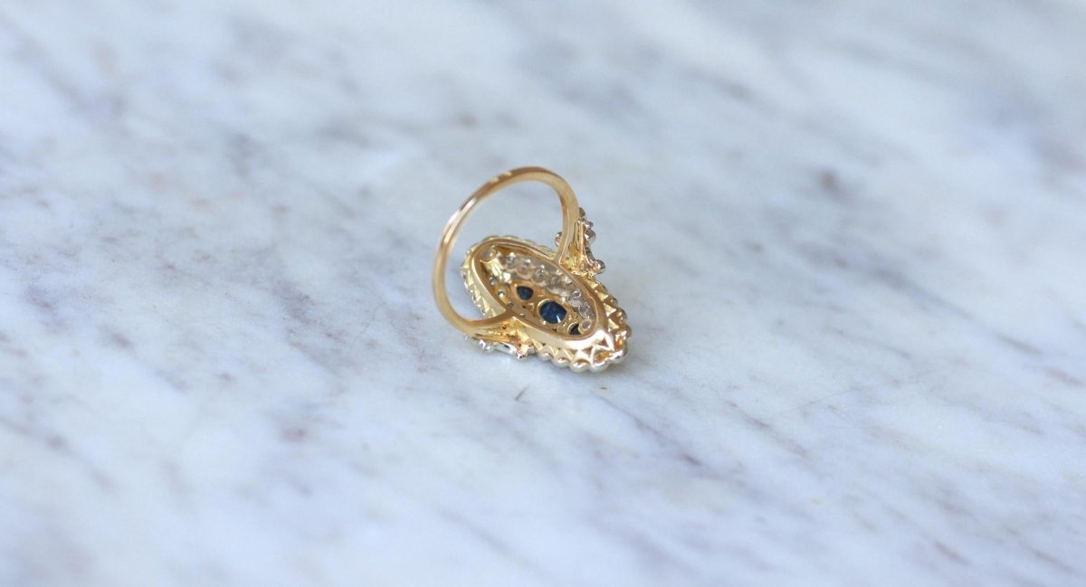 Bague Marquise Saphirs et Diamants Or Jaune - Castafiore