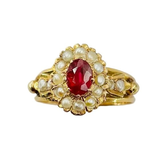 Bague Napoléon III en or jaune, grenat doublet et perles - Castafiore