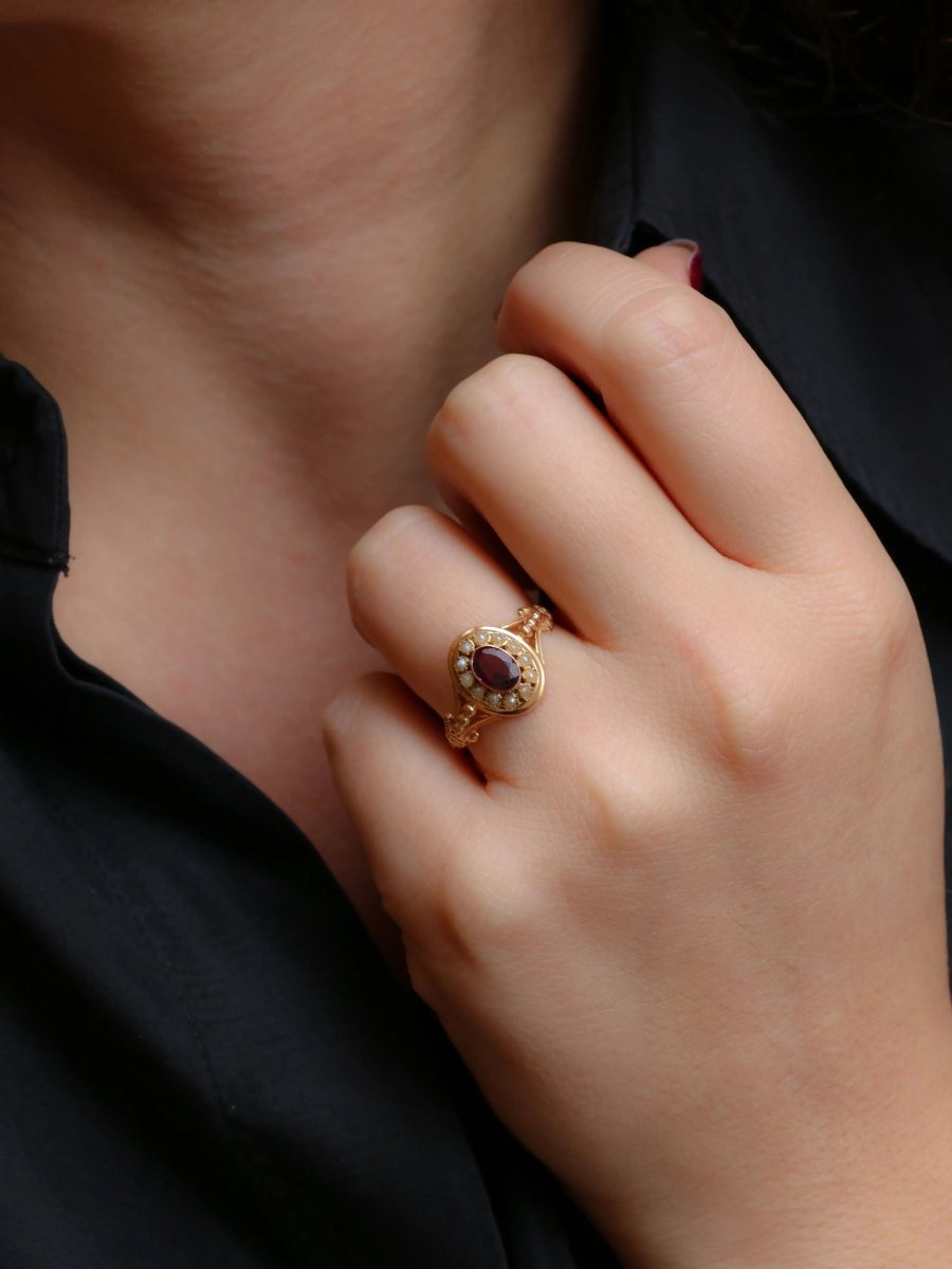 Bague Napoléon III or jaune grenat perles fines - Castafiore