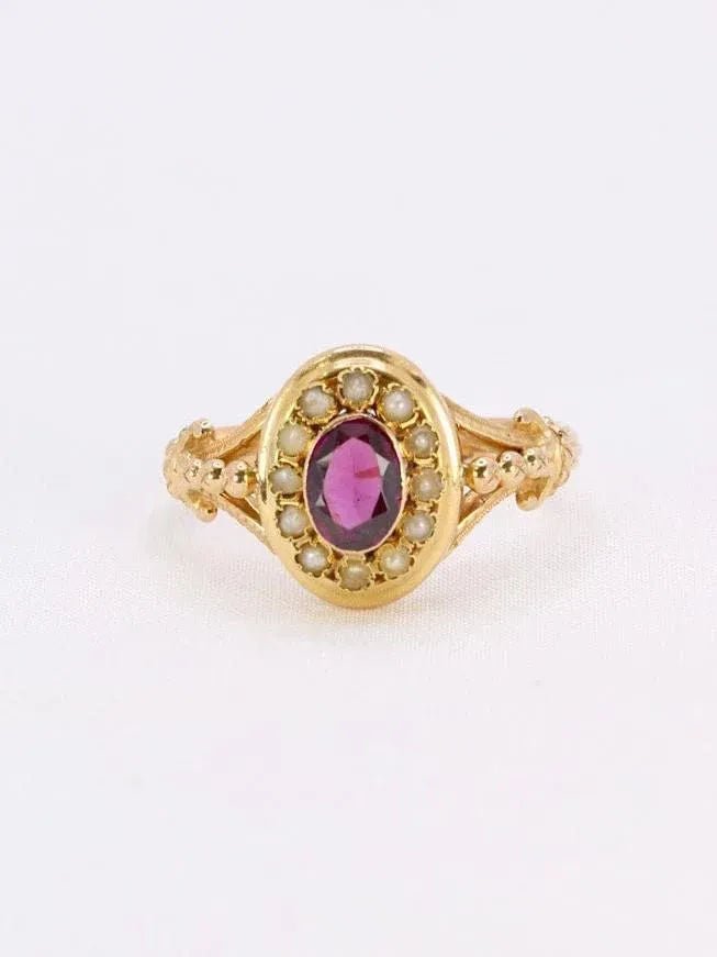 Bague Napoléon III or jaune grenat perles fines - Castafiore