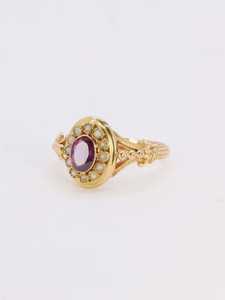 Bague Napoléon III or jaune grenat perles fines - Castafiore
