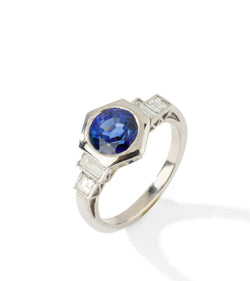 Bague Octogonale en platine, saphir et diamant - Castafiore