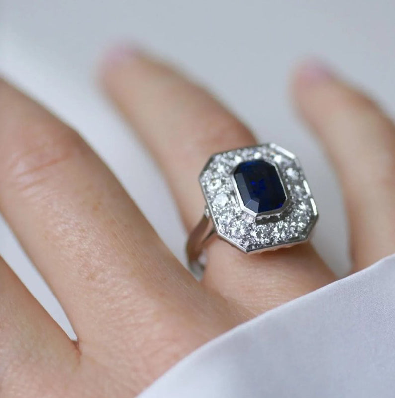 Bague Octogonale Saphir et Diamants en Platine - Castafiore