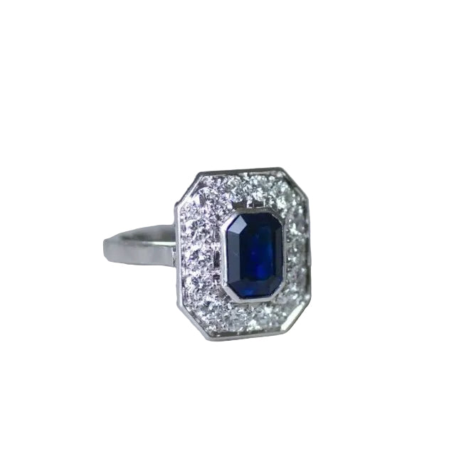 Bague Octogonale Saphir et Diamants en Platine - Castafiore