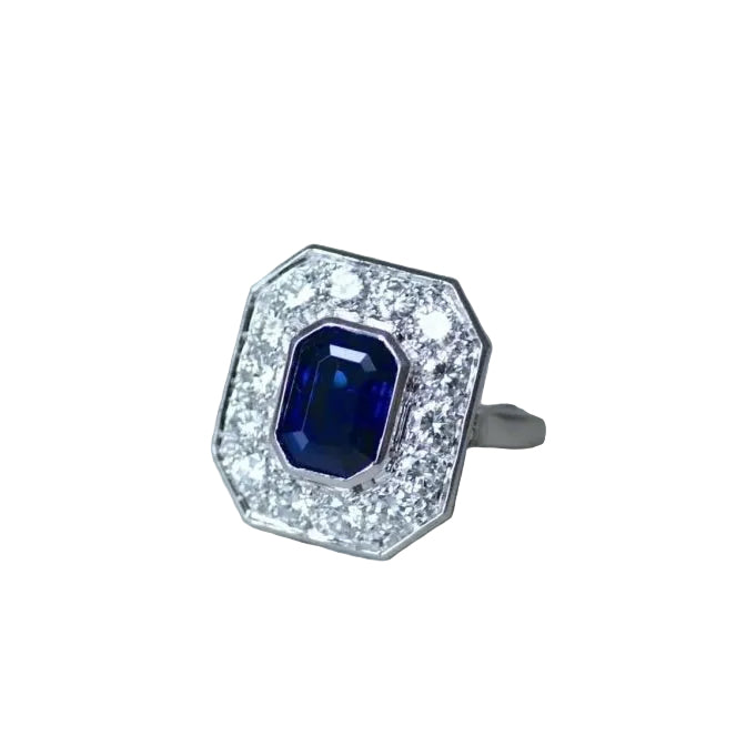 Bague Octogonale Saphir et Diamants en Platine - Castafiore