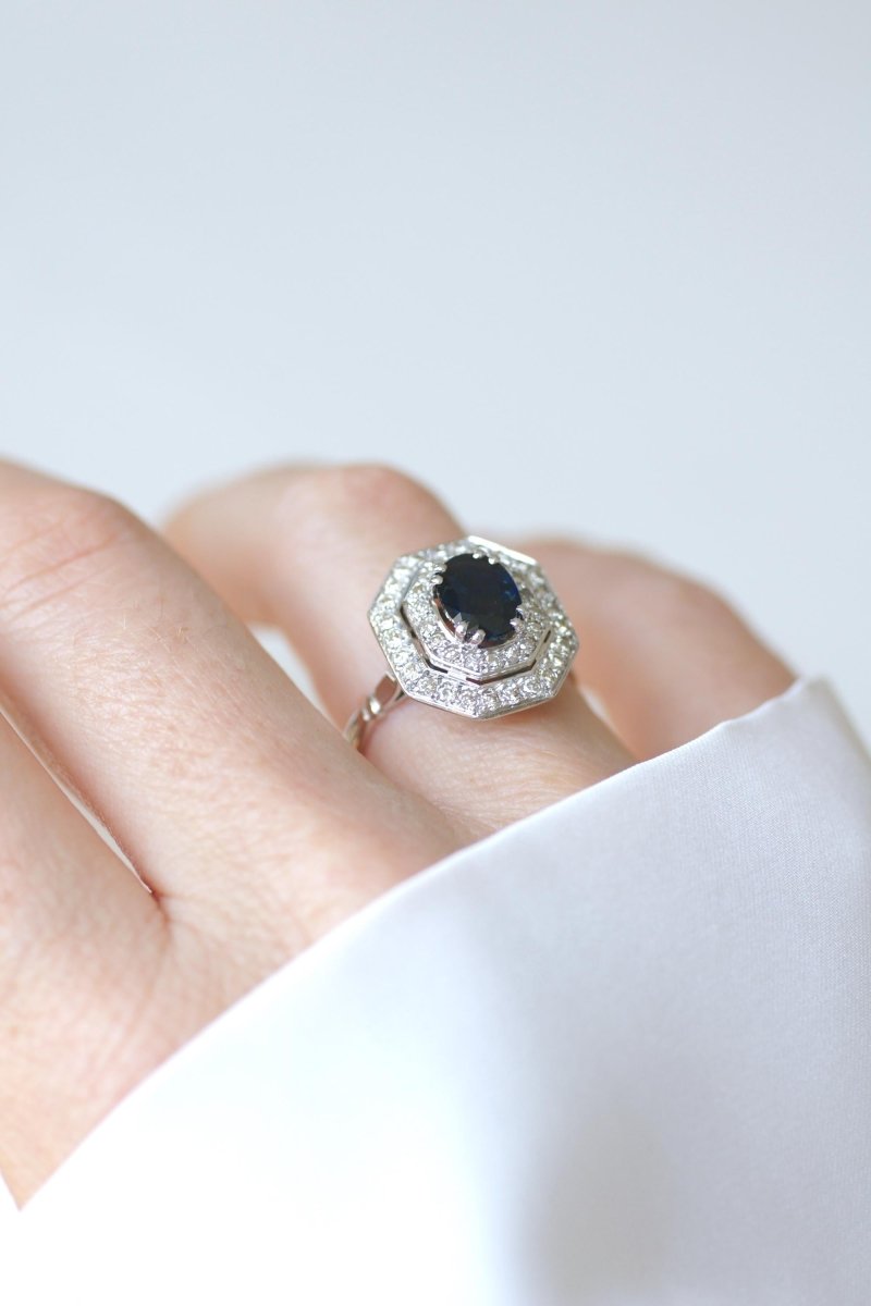 Bague Octogonale Saphir et Diamants Style Art Déco - Castafiore