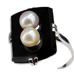 Bague onyx et ses perles de culture grise et dorée - Castafiore