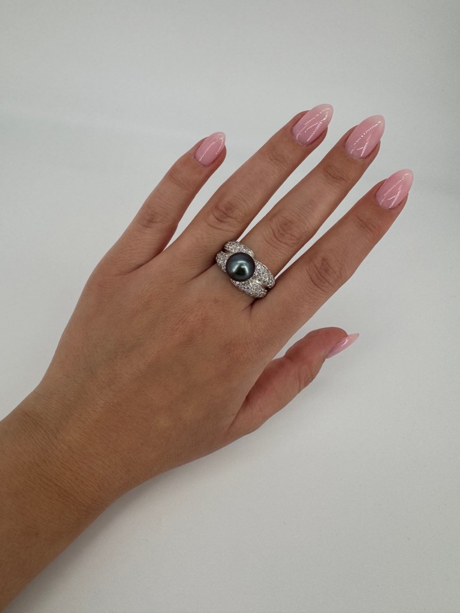 Bague or blanc 750 diamants environ 3 carats et perle de tahiti - Castafiore