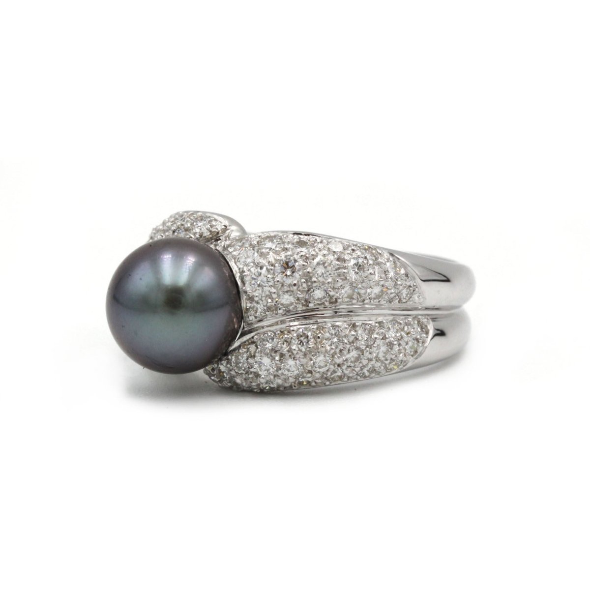 Bague or blanc 750 diamants environ 3 carats et perle de tahiti - Castafiore