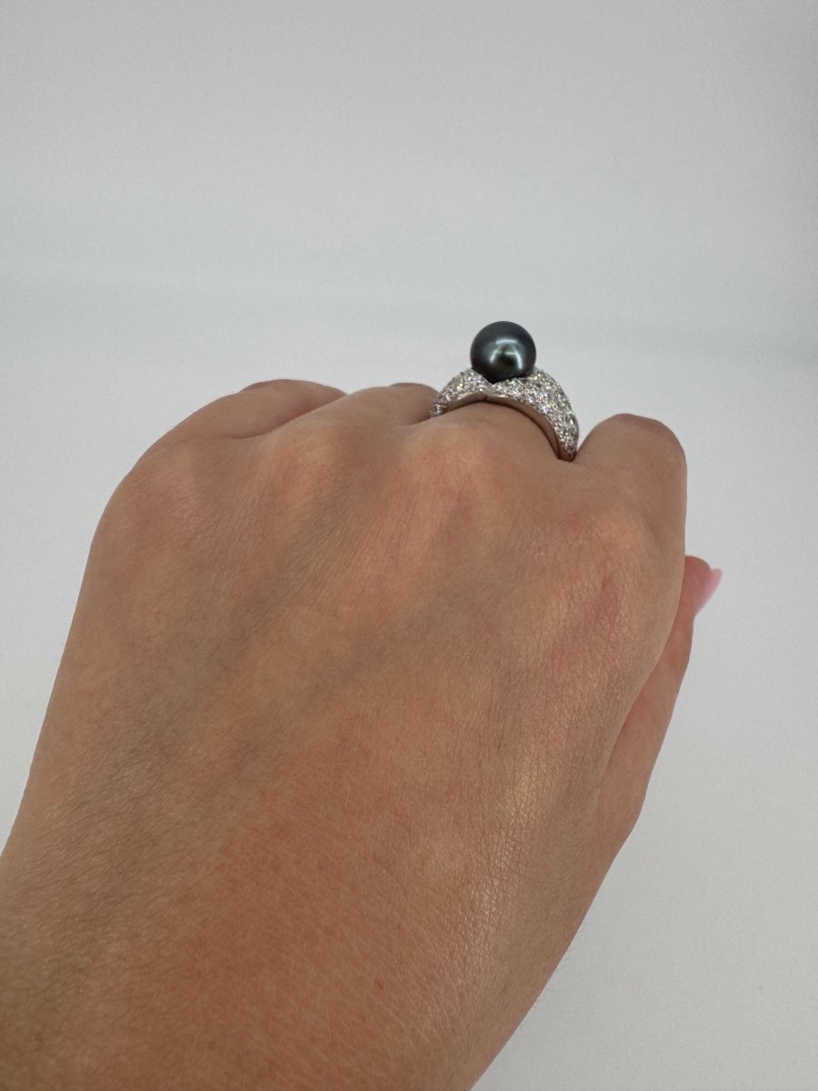 Bague or blanc 750 diamants environ 3 carats et perle de tahiti - Castafiore
