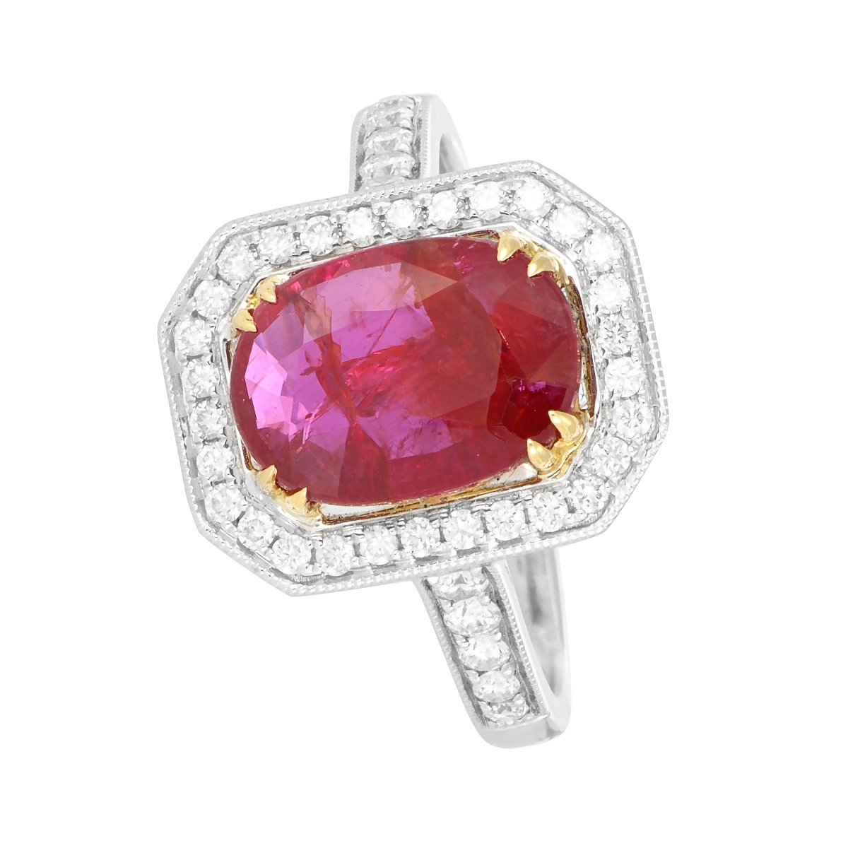 Bague Or Gris/Jaune, Rubis Mozambique Non ChauffÃ© et Diamants - Castafiore