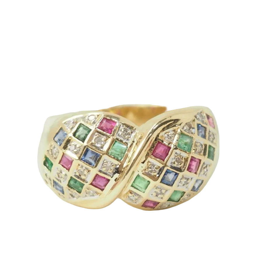 Bague pavée en or jaune, diamants et pierres précieuses - Castafiore