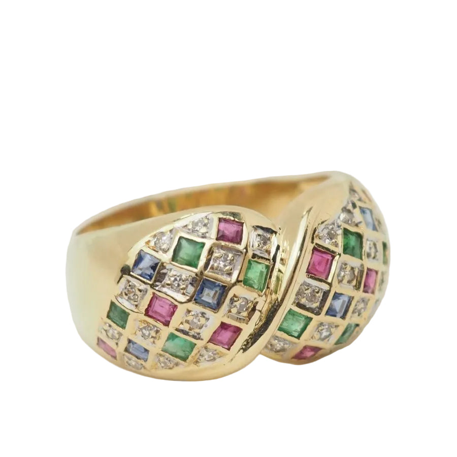 Bague pavée en or jaune, diamants et pierres précieuses - Castafiore