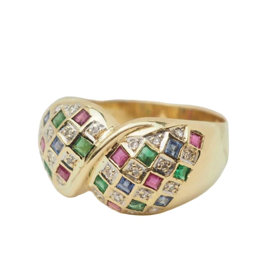 Bague pavée en or jaune, diamants et pierres précieuses - Castafiore