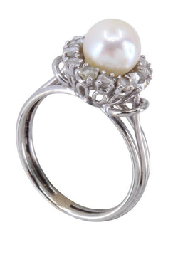 Bague perle et diamants 1950' en or blanc - Castafiore