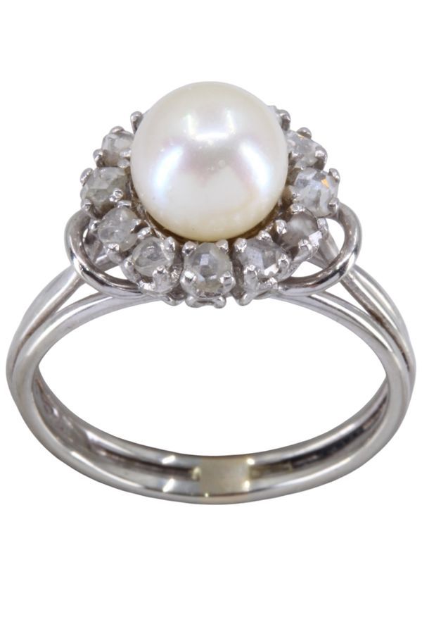 Bague perle et diamants 1950' en or blanc - Castafiore