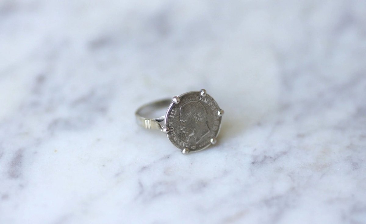 Bague pièce Napoléon 20 cent Francs sur or blanc - Castafiore