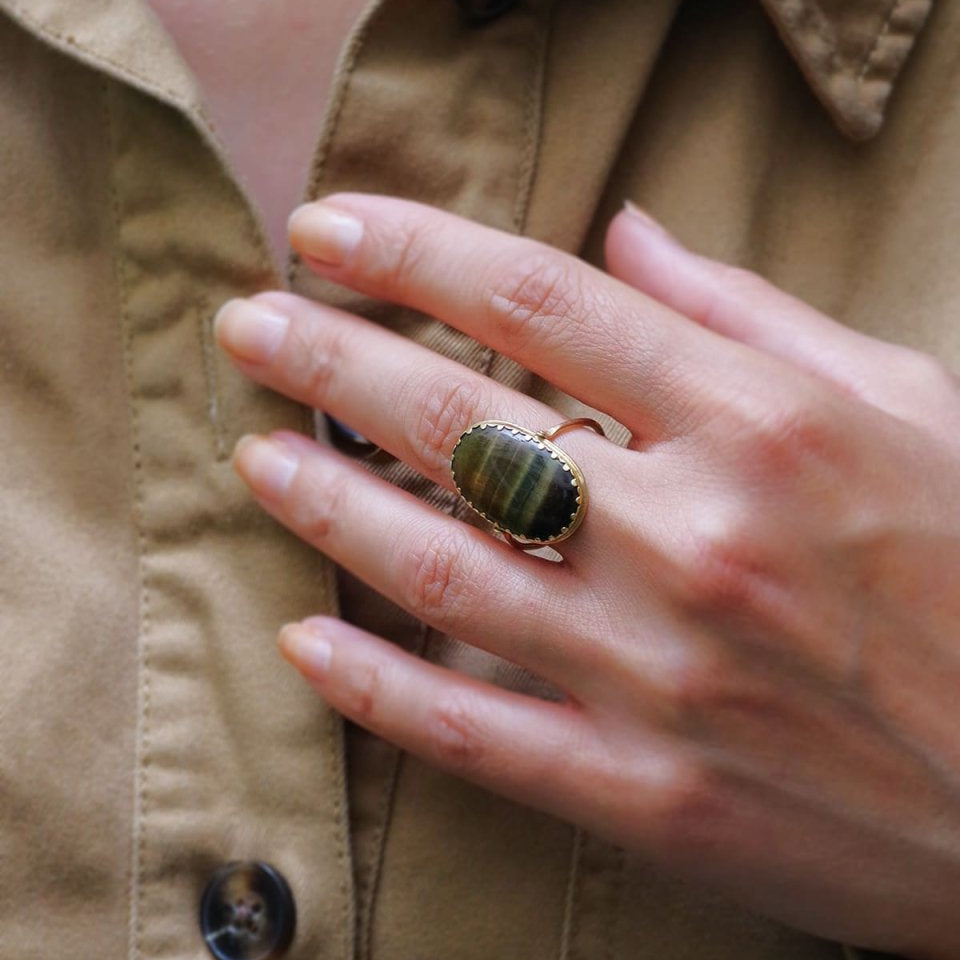 Bague PIVOTANTE Oeil - de - tigre en or jaune - Castafiore