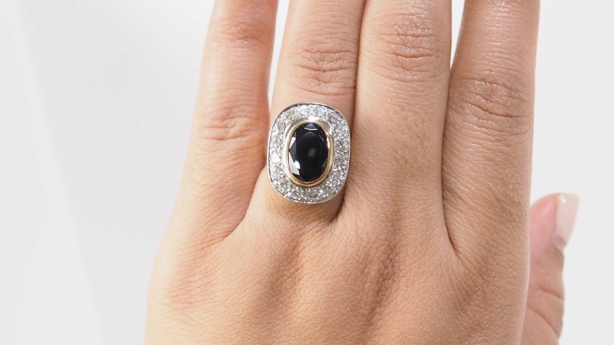 Bague pompadour en or bicolore, saphir et diamants - Castafiore