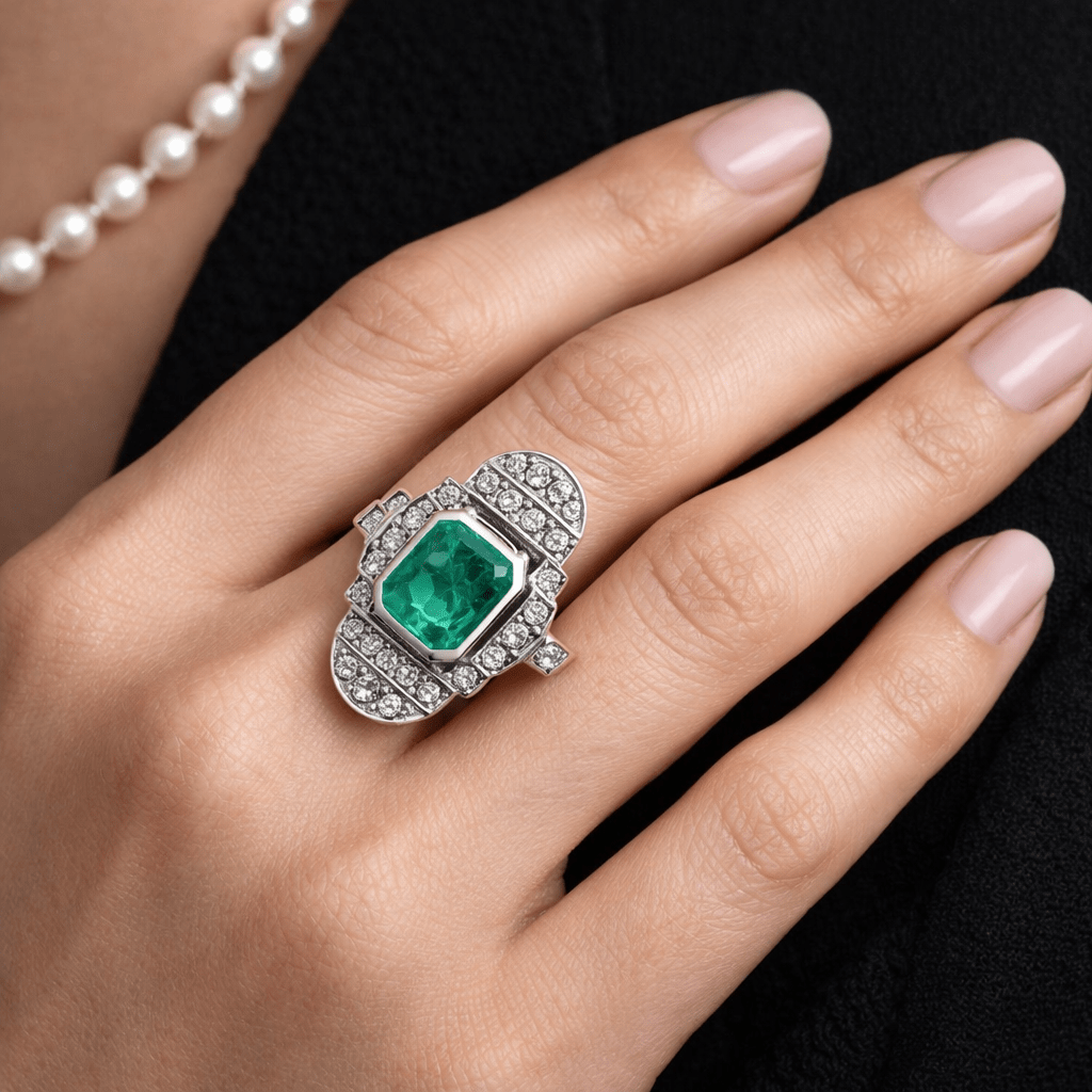 Bague Pompadour en or blanc, émeraude et diamants - Castafiore