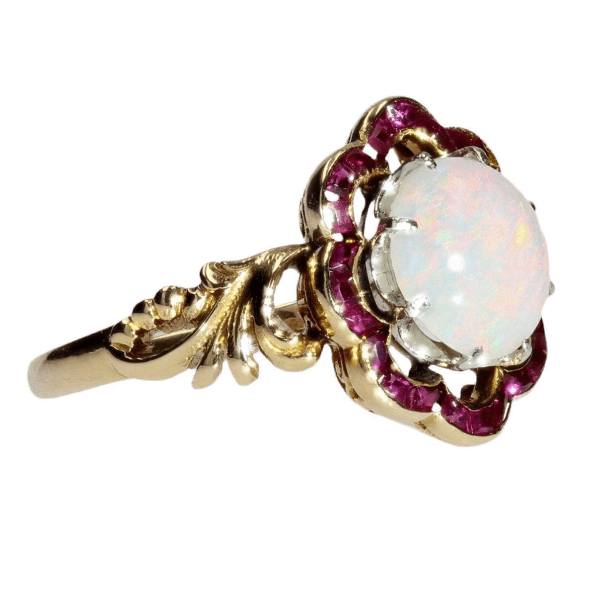 Bague Pompadour en or jaune, opale et rubis - Castafiore