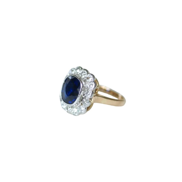 Bague Pompadour Antique Or 18k Saphir Et Diamant - Taille 54, Circa 1900, Style Marquise