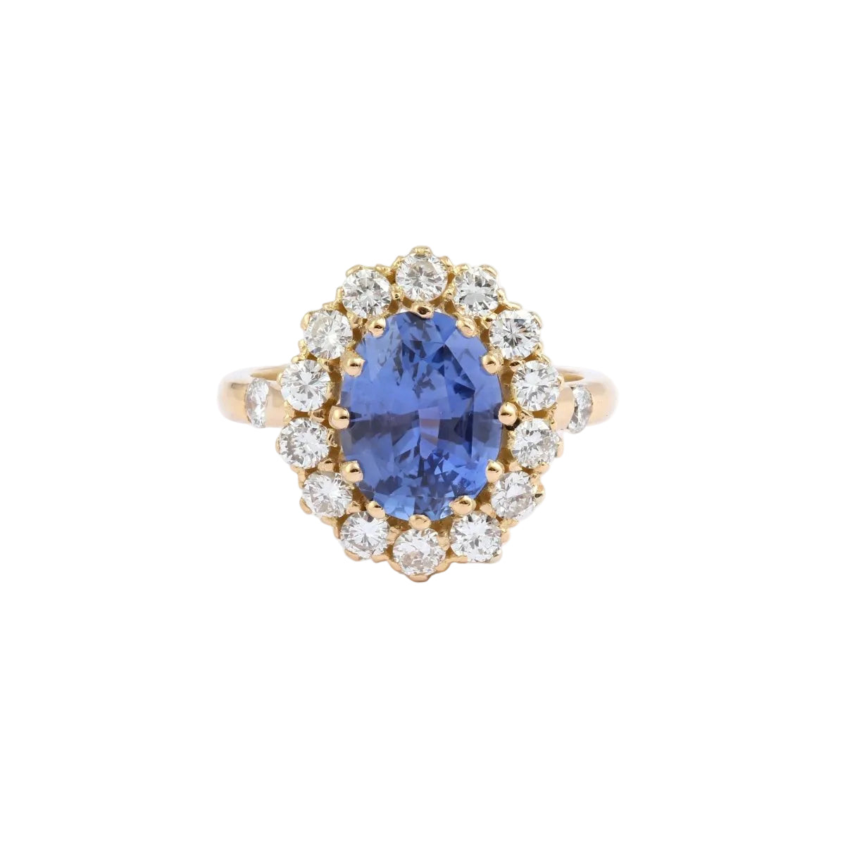 Bague Pompadour Saphir Ceylan Non Chauffé 3.55 Carats Diamants Or Jaune 18 Carats (Certificat) - Castafiore
