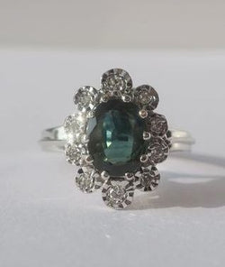 Bague Pompadour Saphir vert Diamants Or blanc - Castafiore