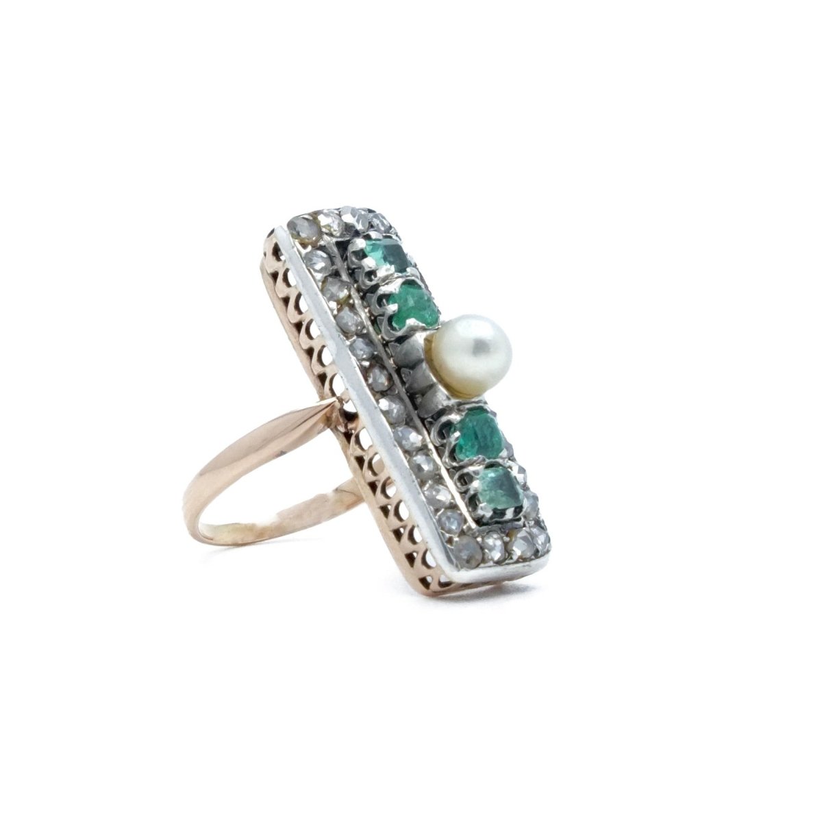 Bague rectangle en or rose et argent avec perle et émeraudes - Castafiore