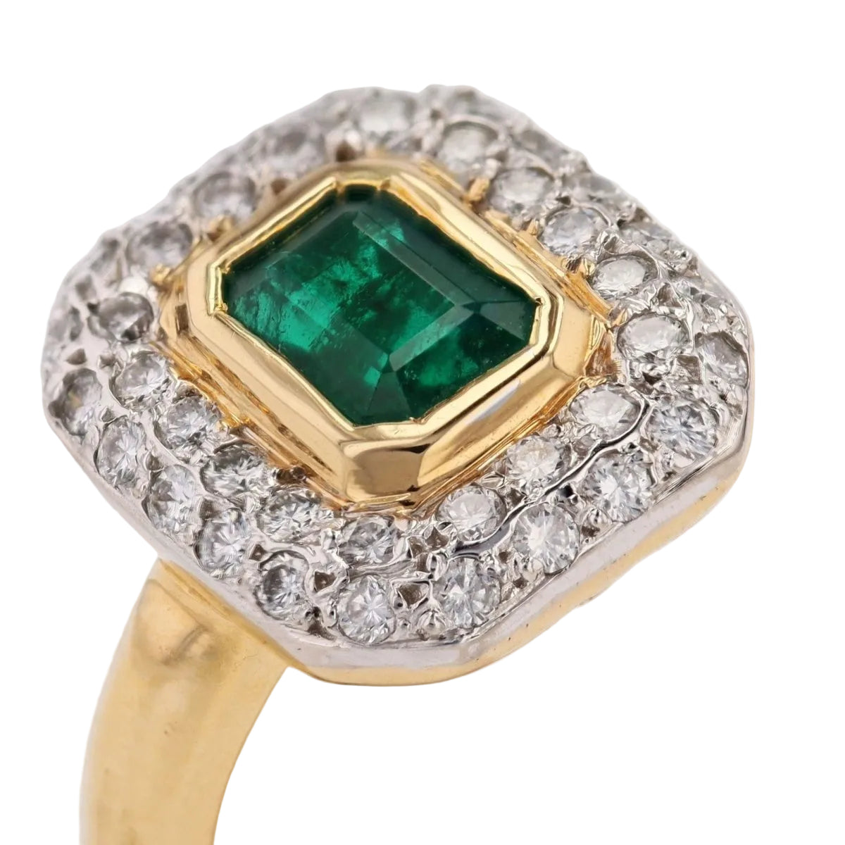 Bague rectangulaire en or jaune et blanc avec émeraude et diamants - Castafiore