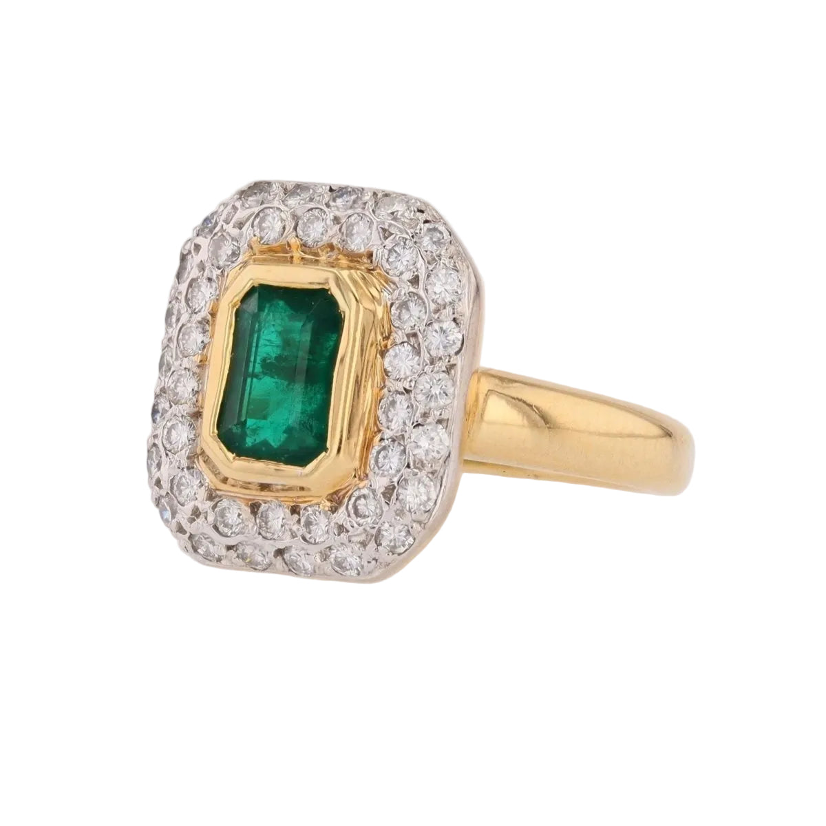 Bague rectangulaire en or jaune et blanc avec émeraude et diamants - Castafiore