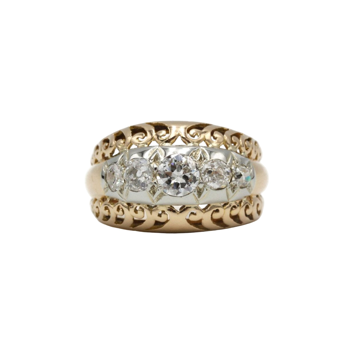 Bague RÉTRO bombée en or jaune et blanc et diamants - Castafiore