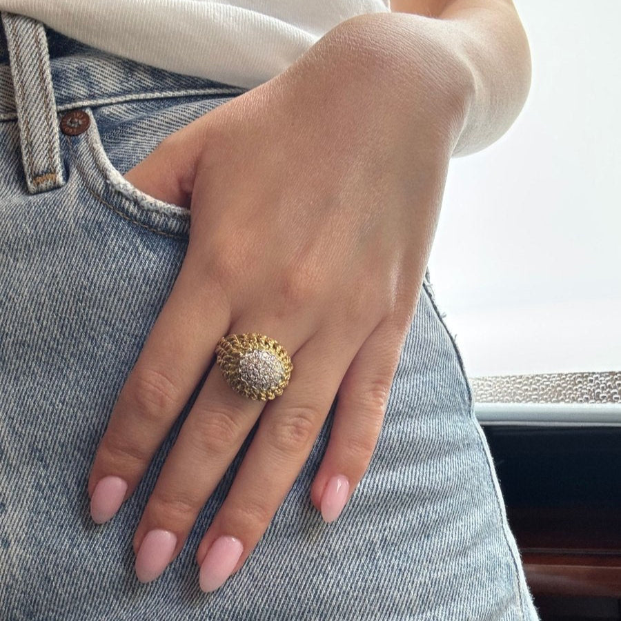 bague retro en or jaune 750 "tresses" et diamants environ 0.50 carats total années 7O - Castafiore