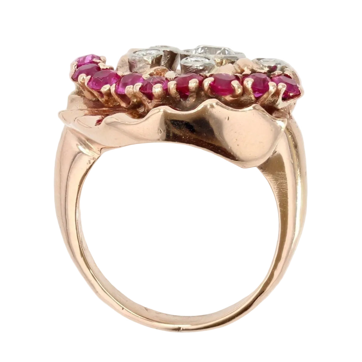 Bague rétro or rose diamants rubis - Castafiore