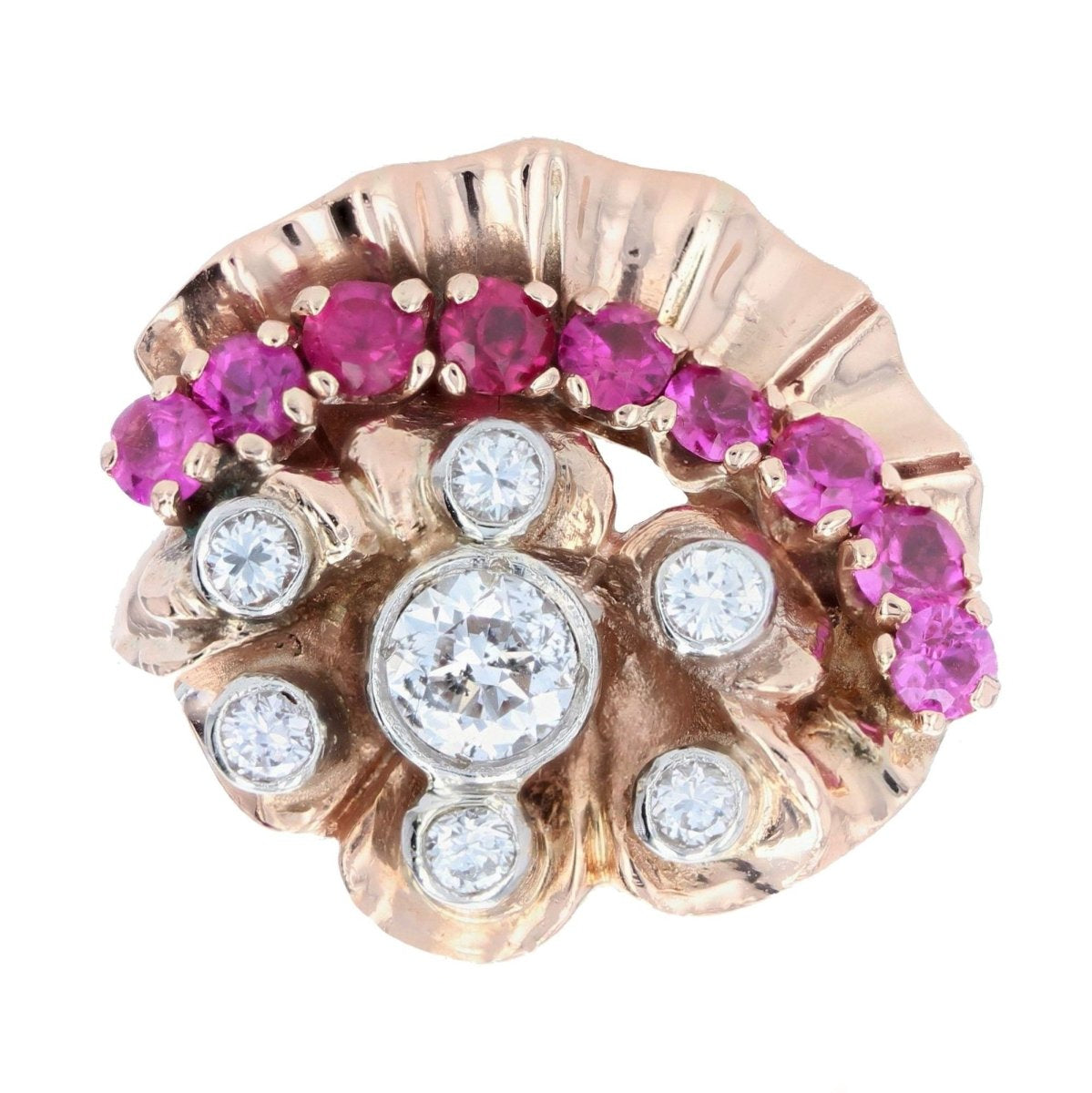 Bague rétro or rose diamants rubis - Castafiore