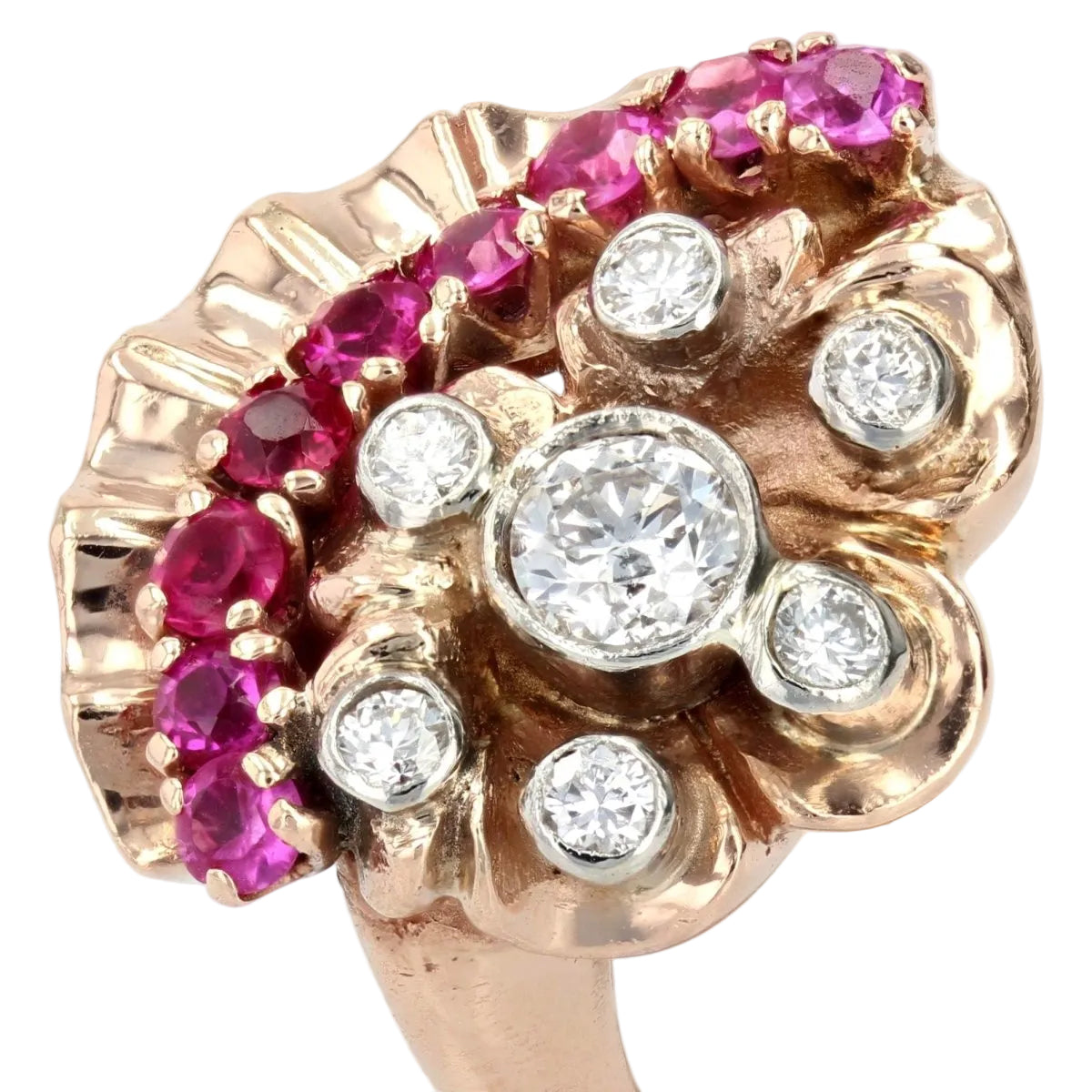 Bague rétro or rose diamants rubis - Castafiore