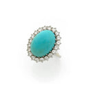 Bague Retro Pompadour Cabochon Turquoise Diamants Platine Or Gris 18 Carats - Castafiore