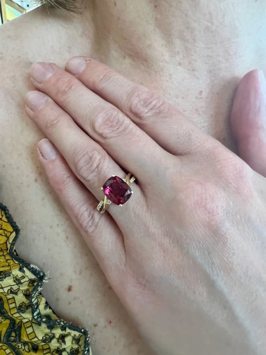 Bague Rubellite Diamants Or Jaune 18 Carats - Castafiore