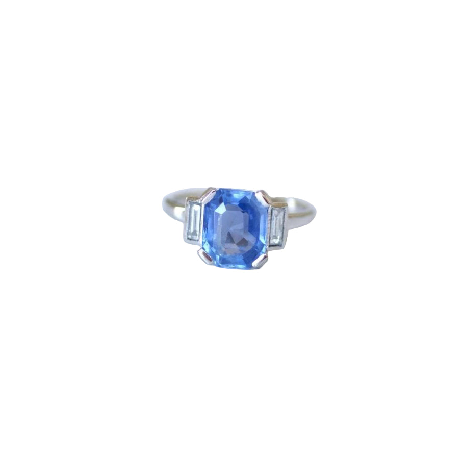 Bague Saphir Ceylan Non Chauffé 4,00 Cts et Diamants Baguettes - Castafiore