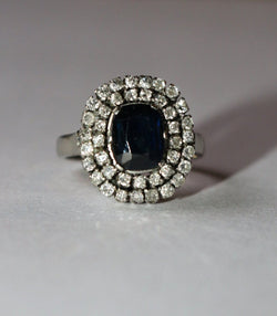 Bague Saphir Double Entourage Diamants Or Blanc - Castafiore