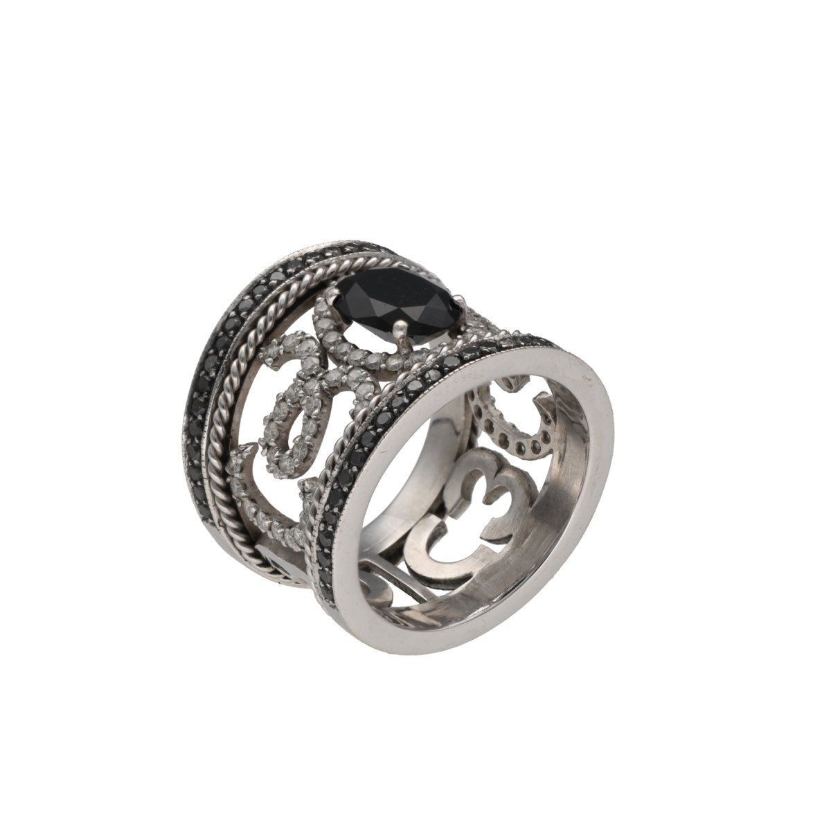Bague saphir et diamants noirs et blancs en or gris - Castafiore