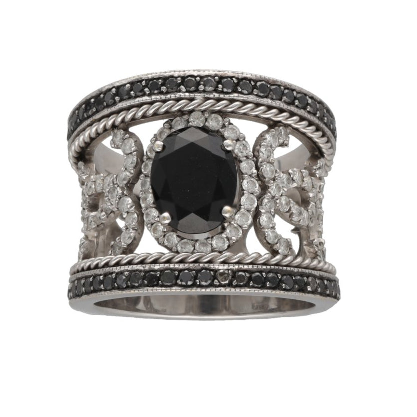 Bague saphir et diamants noirs et blancs en or gris - Castafiore
