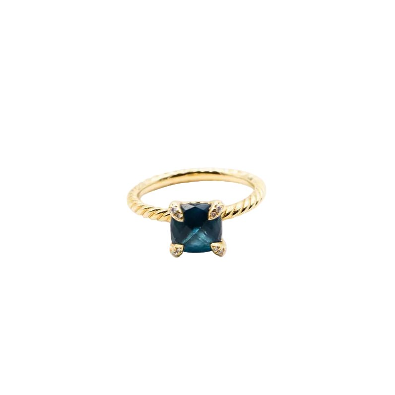 Bague Solitaire DAVID YURMAN "Chatelaine" en or jaune, topaze bleue et diamants - Castafiore