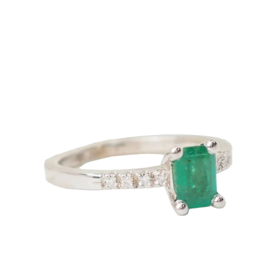 Bague solitaire en or blanc, émeraude et diamants - Castafiore
