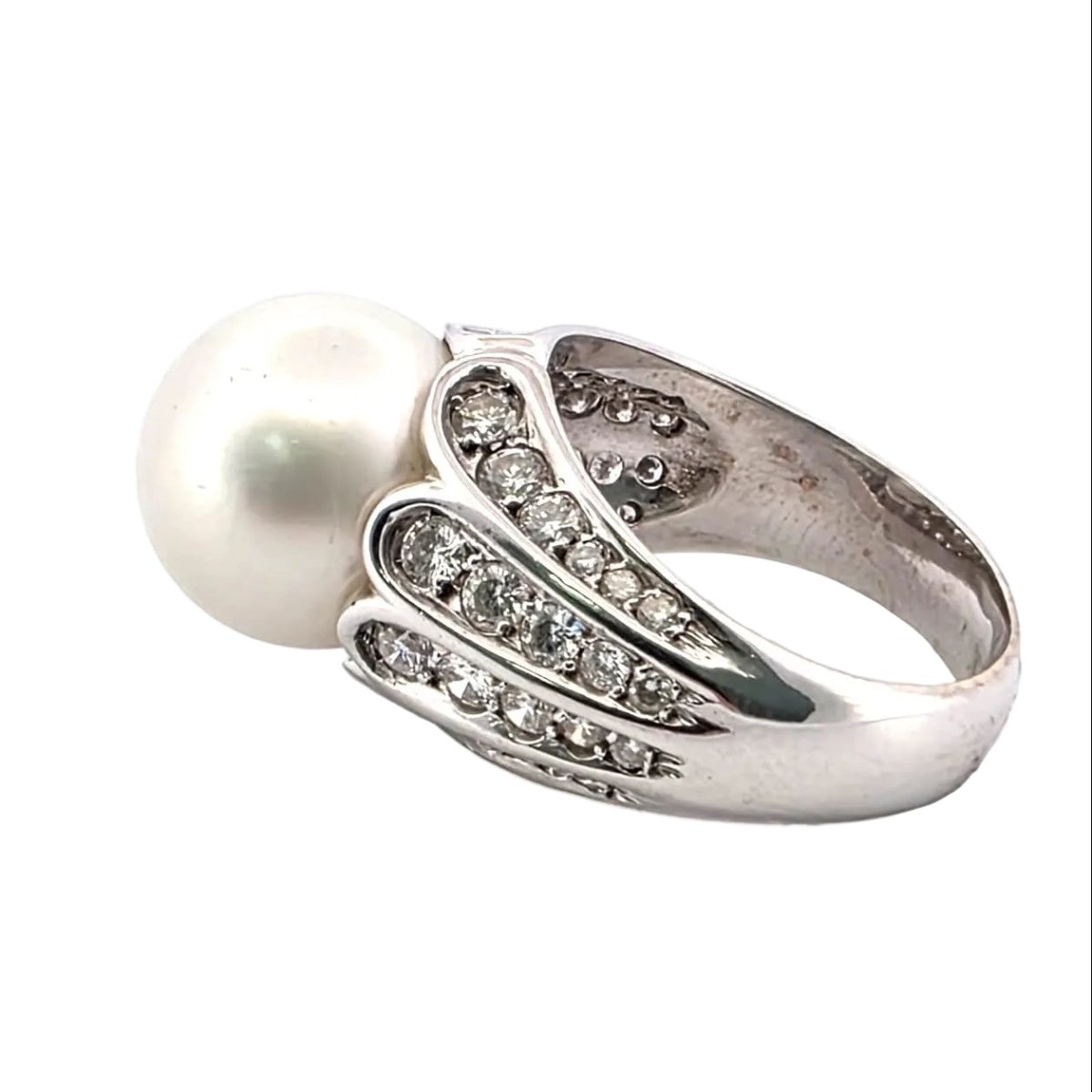 Bague Solitaire en or blanc, perle et diamants - Castafiore